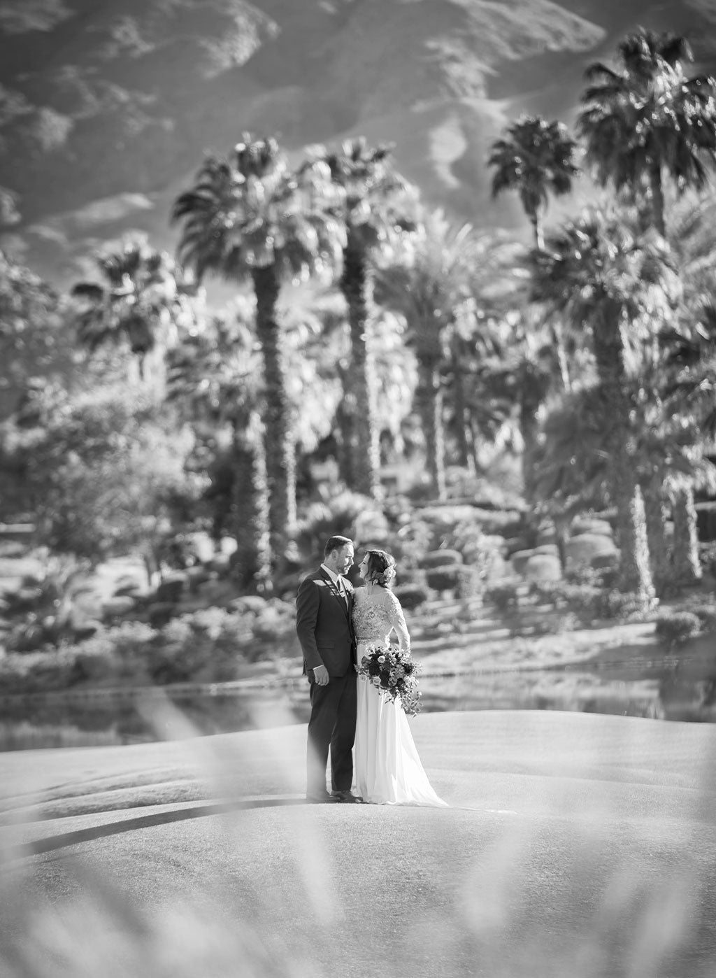 Bride and Groom with desert palm trees in background