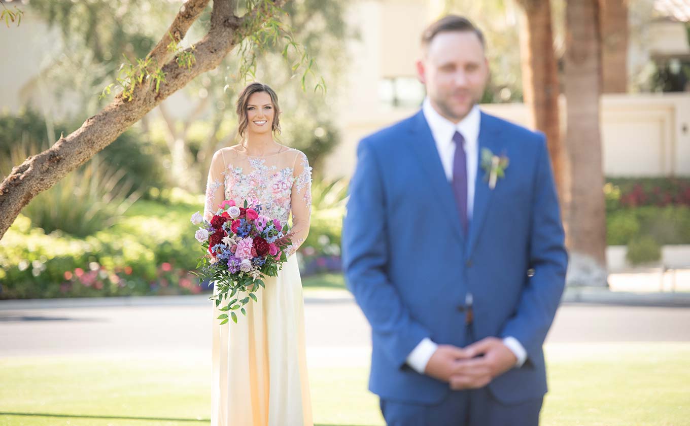 Lindsey wearing a Claire Pettibone Santorini Colorful wedding dress