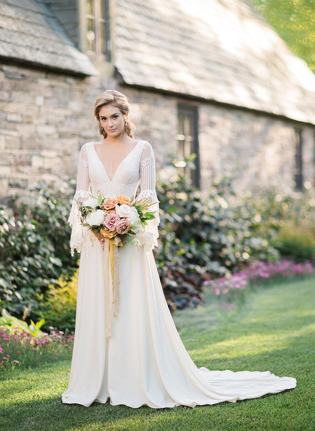 Claire Pettibone Sauvignon Wedding Dress Garden Inspiration Cottage Backdrop