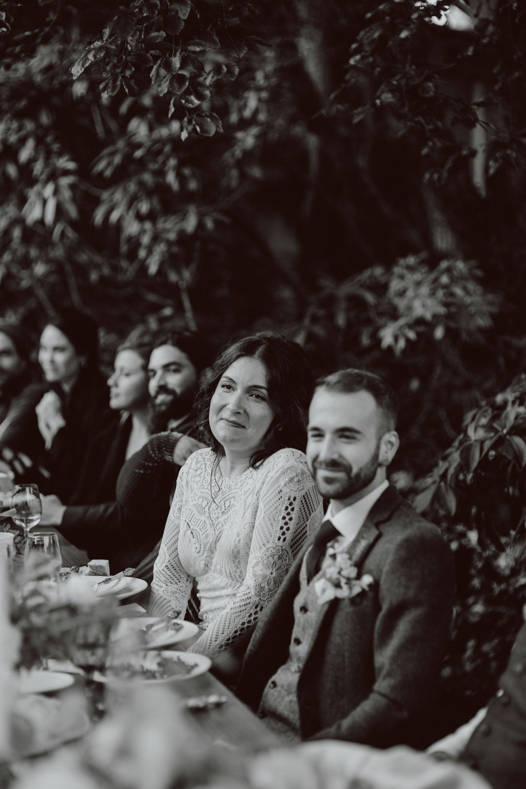 Bride and groom black and white photo weddind dinner celebration