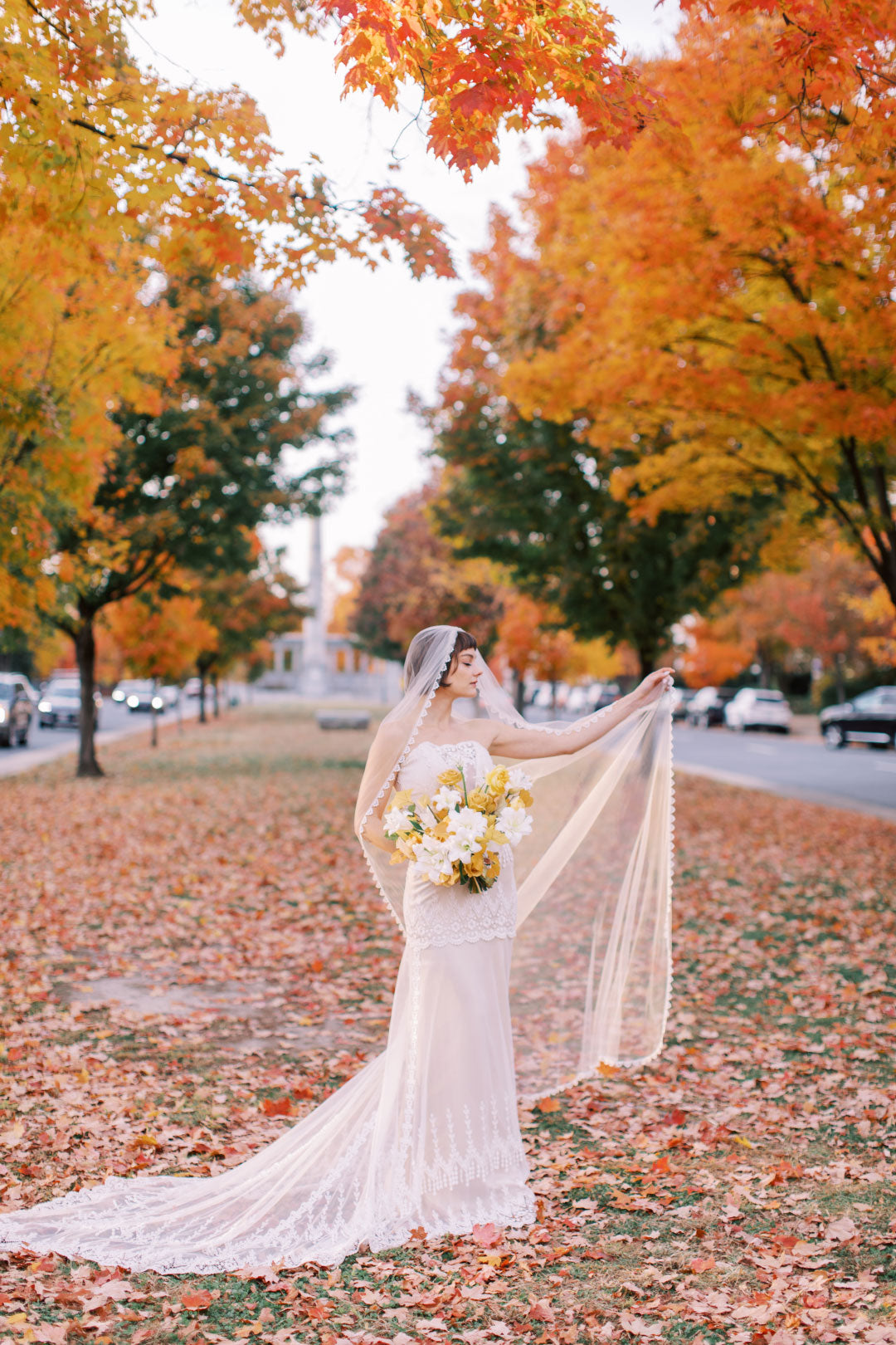 Bride in Wedding Dress in Fall setting 