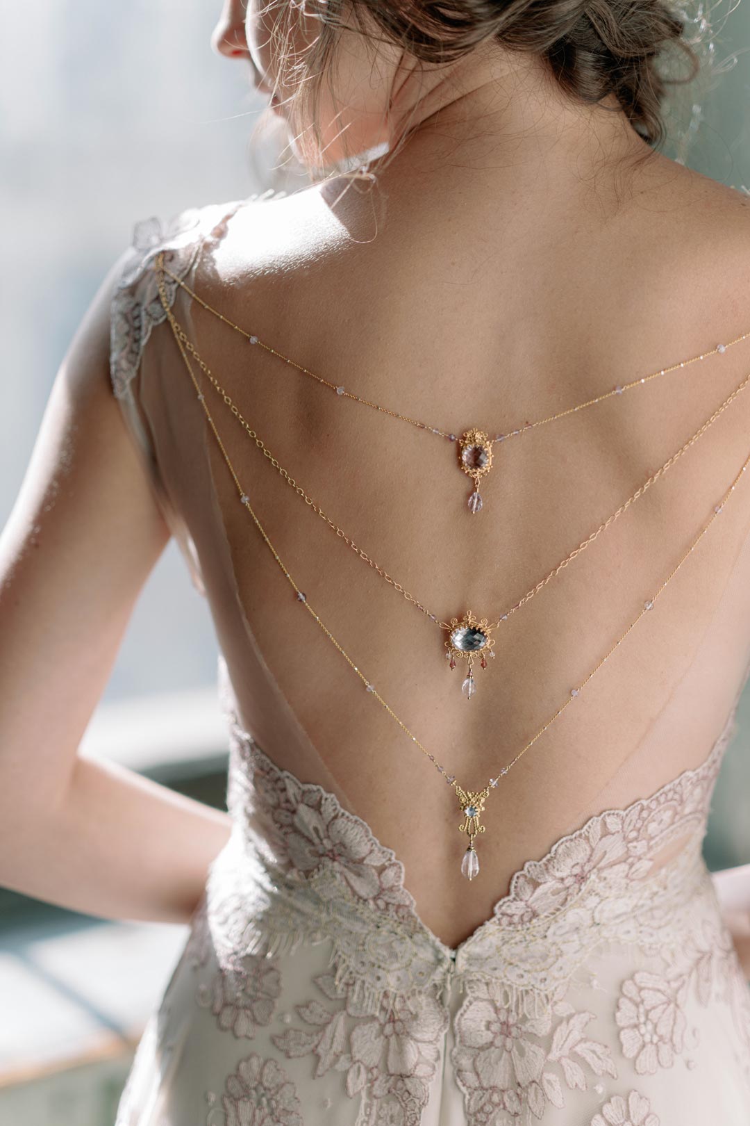 Adorned Neckless on Open Back Wedding Dress by Amethyst by Claire Pettibone