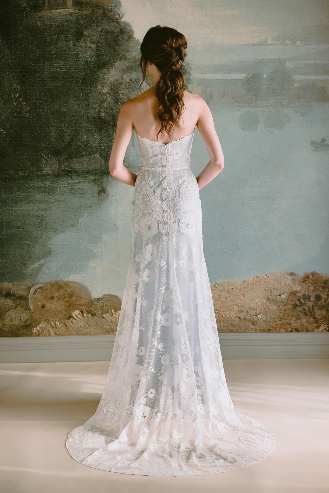 Button Baclk Lace Wedding Dress Eloise with blue Silk layer by Claire Pettibone