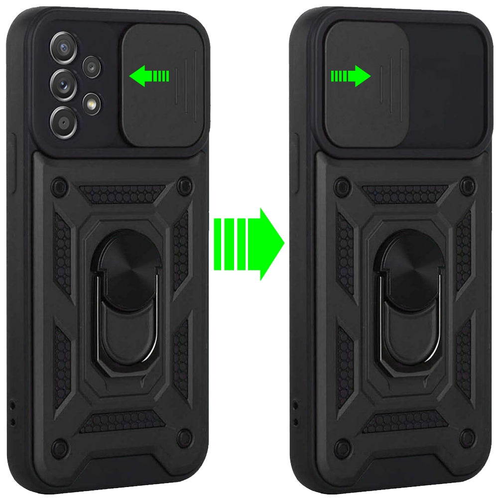 For Samsung Galaxy A73 5G Hybrid Cases with Slide Camera Lens Cover and Ring Holder Kickstand Rugged Dual Layer Heavy Duty Phone Case Cover