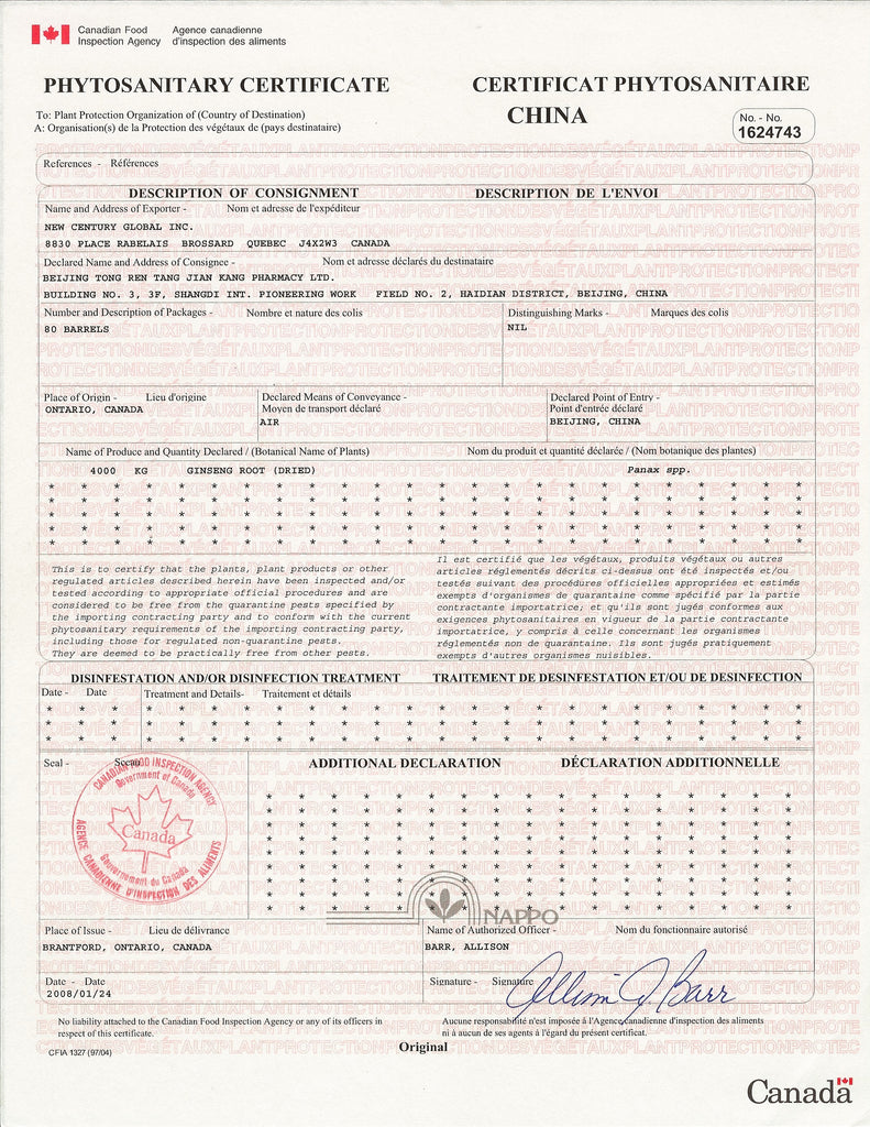 Phytosanitary certificate of New Century Ginseng