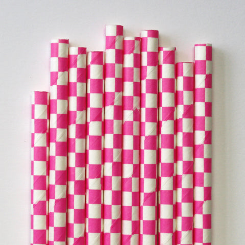 Hot Pink Checkered Paper Straws