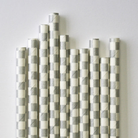 Metallic Silver Checkered Paper Straws