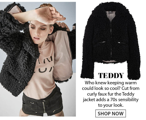Black teddy coat in curly faux fur