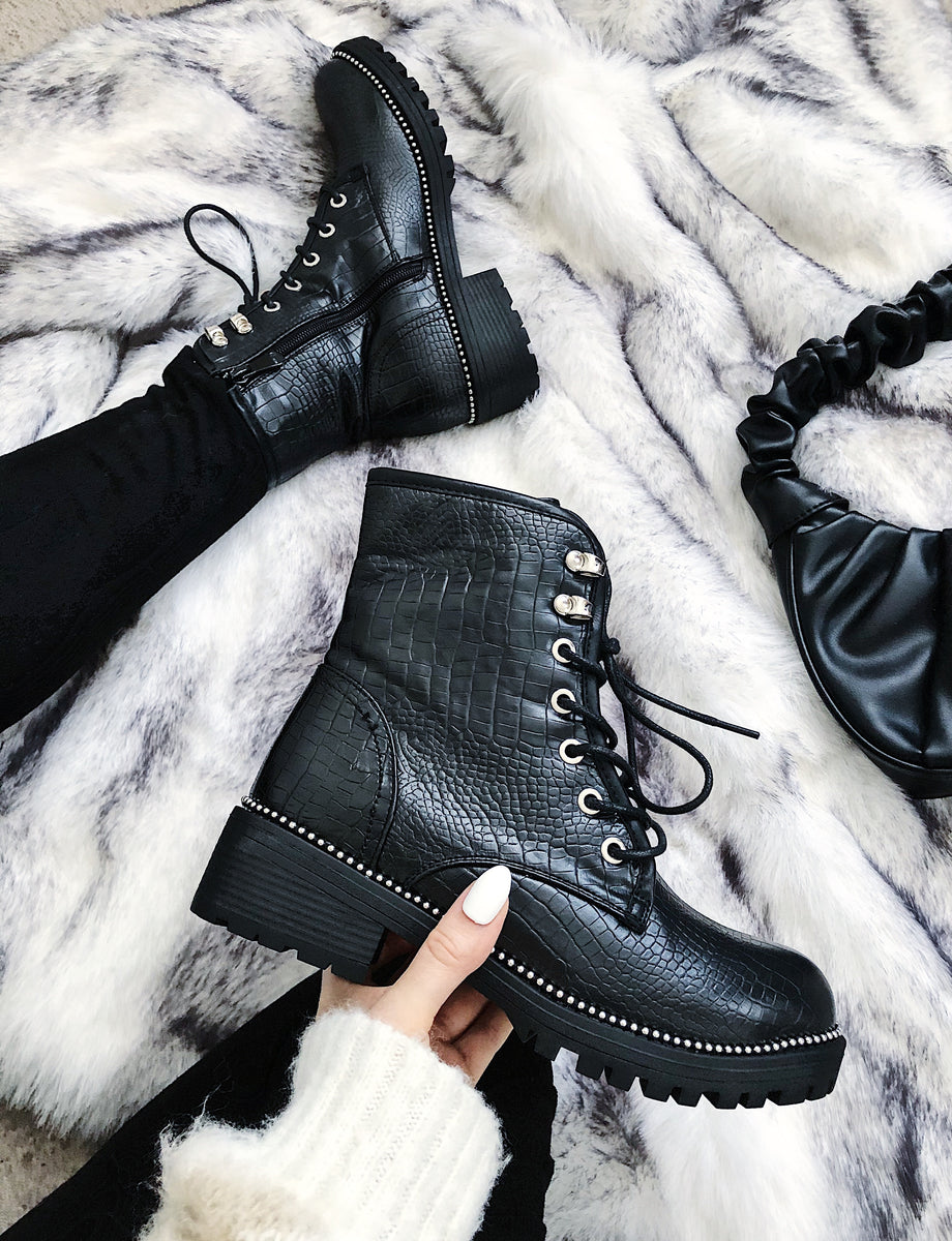 croc print lace up boots