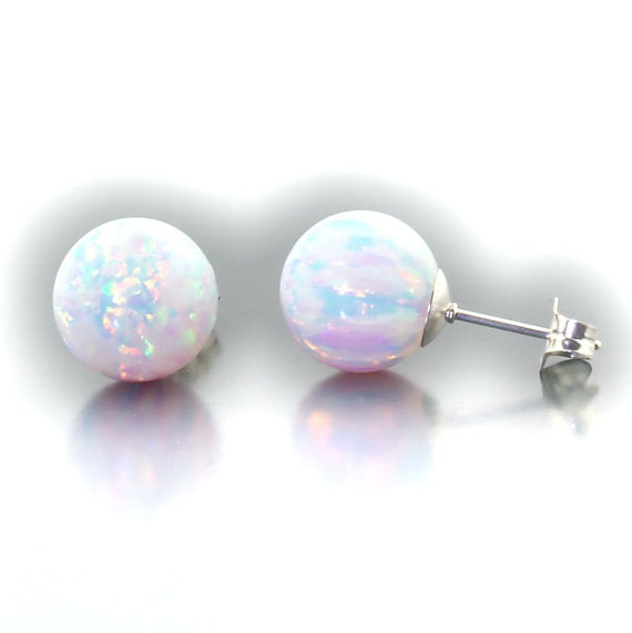 Pls Choose Size Pair of 925 Sterling Silver White Opal Ball Stud Earrings