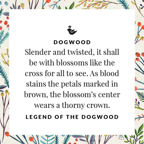 Slender and twisted, it shall be with blossoms like the cross for all to see. As blood stains the petals marked in brown, the blossom’s center wears a thorny crown. Legend of the Dogwood