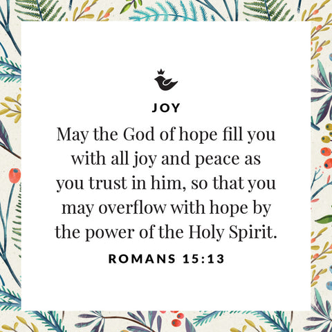 May the God of hope fill you with all joy and peace as you trust in him, so that you may overflow with hope by the power of the Holy Spirit.  Romans 15:13
