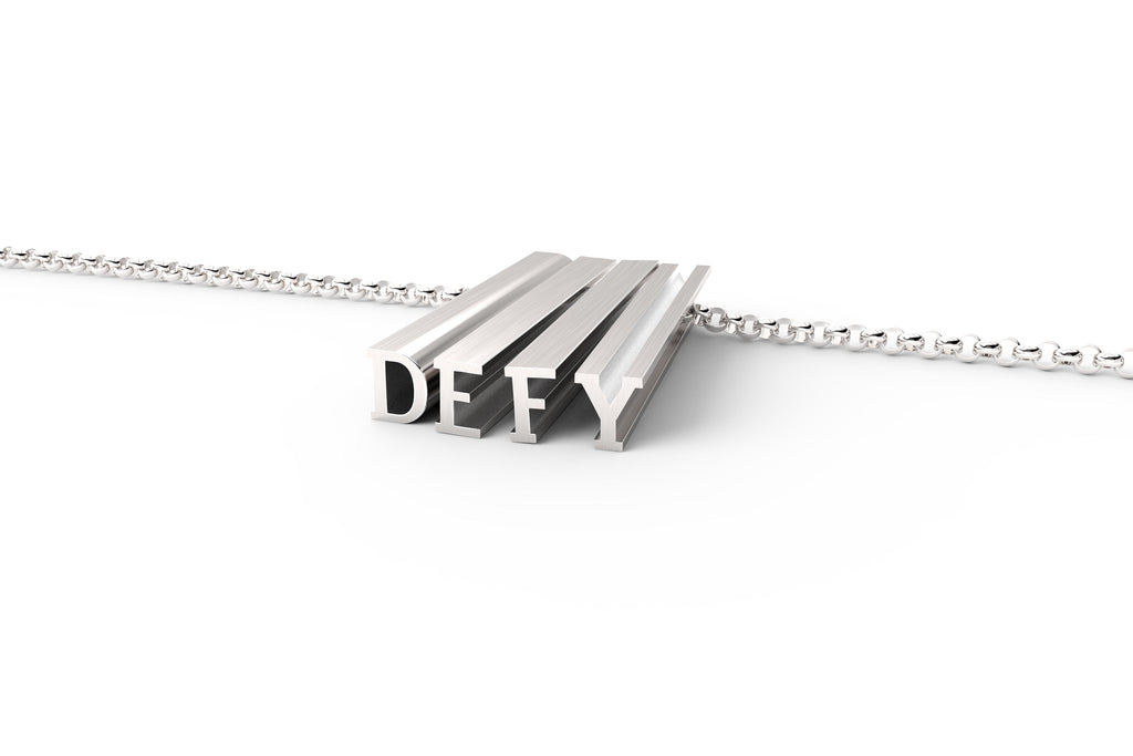 Sterling silver necklace that says 'DEFY'