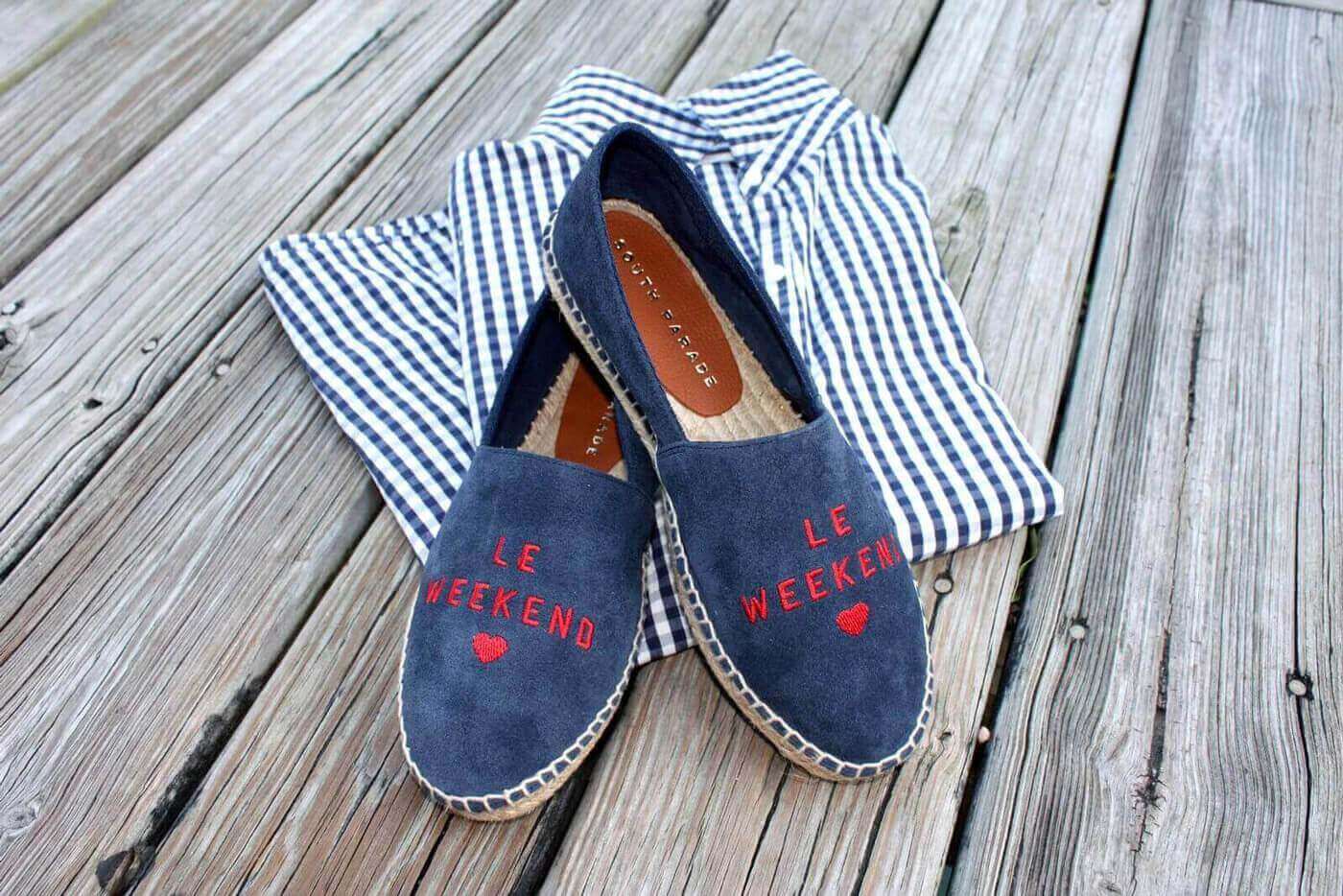 Blue espadrilles with red 'Le Weekend' 