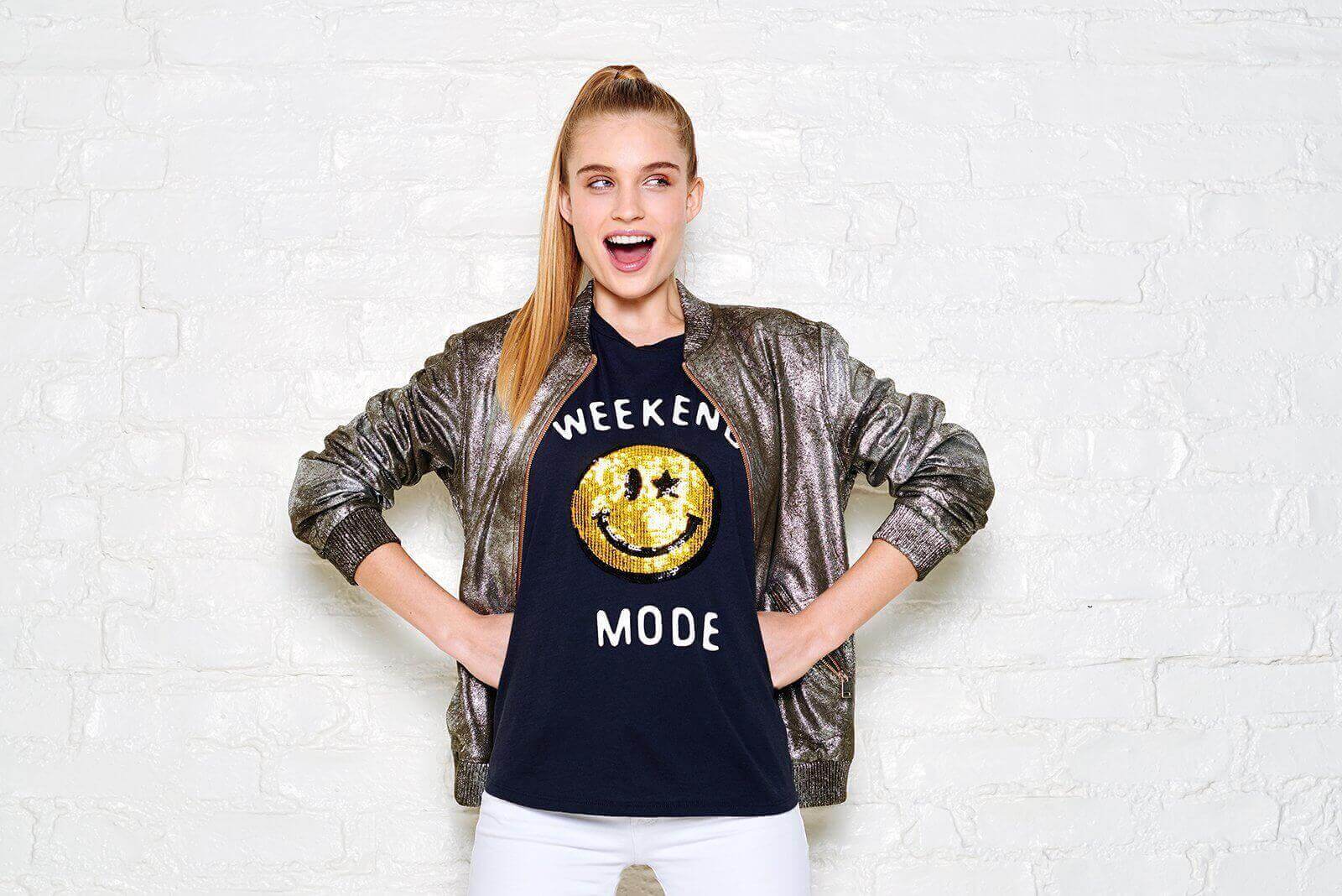 Black 'Weekend Mode' tee with sequin smiley