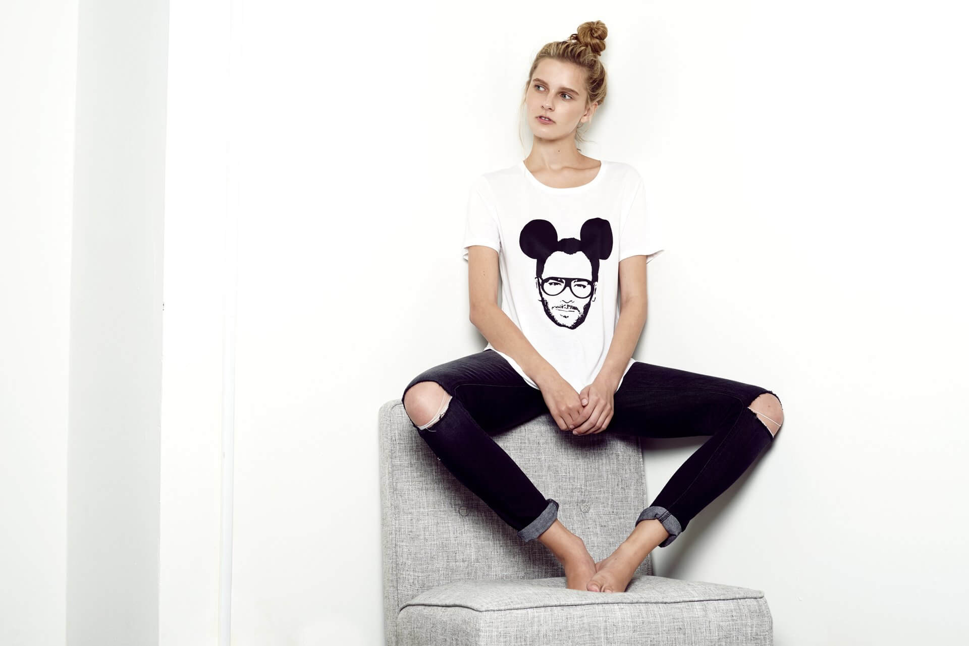 White tee with Tom Ford wearing Mickey Mouse ears