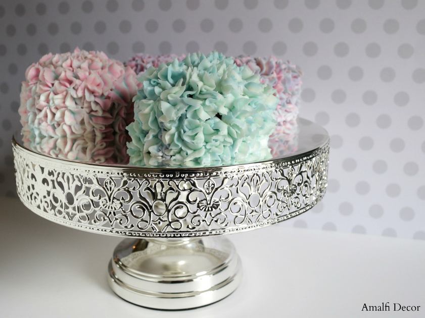 Mini Hydrangea Cakes Recipe Featured Atop Shiny Metallic Cake Stand Amalfi Decor