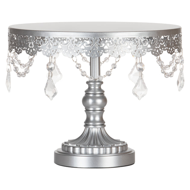 10 Inch Crystal-Draped Round Metal Cake Stand (Silver)