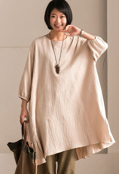 Rice Korean Style Cotton Linen Falbala Bat Sleeve Round Neck Loose Women Clothes Q8300B