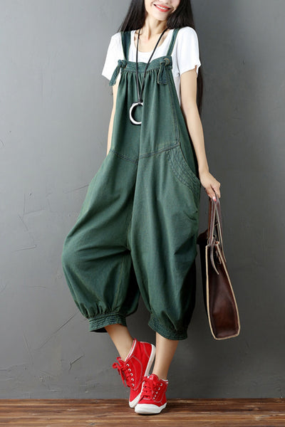 Green Denim Romper Casual Loose Overall Jumpsuit For Women Q6511