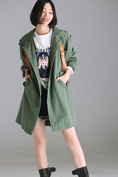Casual Hoodie Green Cotton Wind Coat For Women W8390