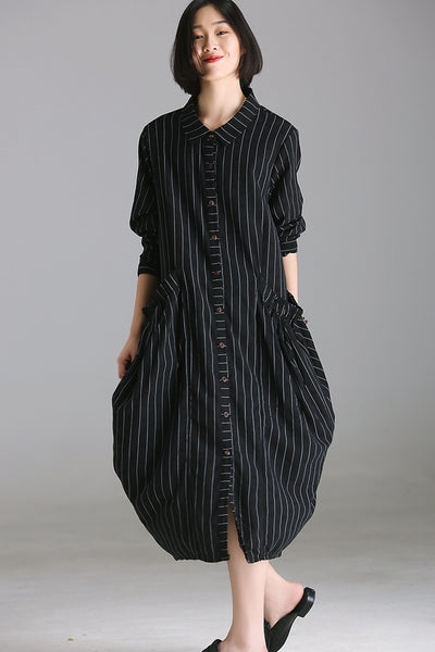 Casual Black Striped Long Wind Coat Women Cotton Linen Jacket For Autumn W1853