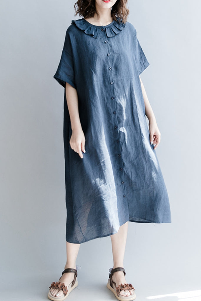 Fashion Cotton Linen Dresses With Sleeves Women Loose Clothes Q1864
