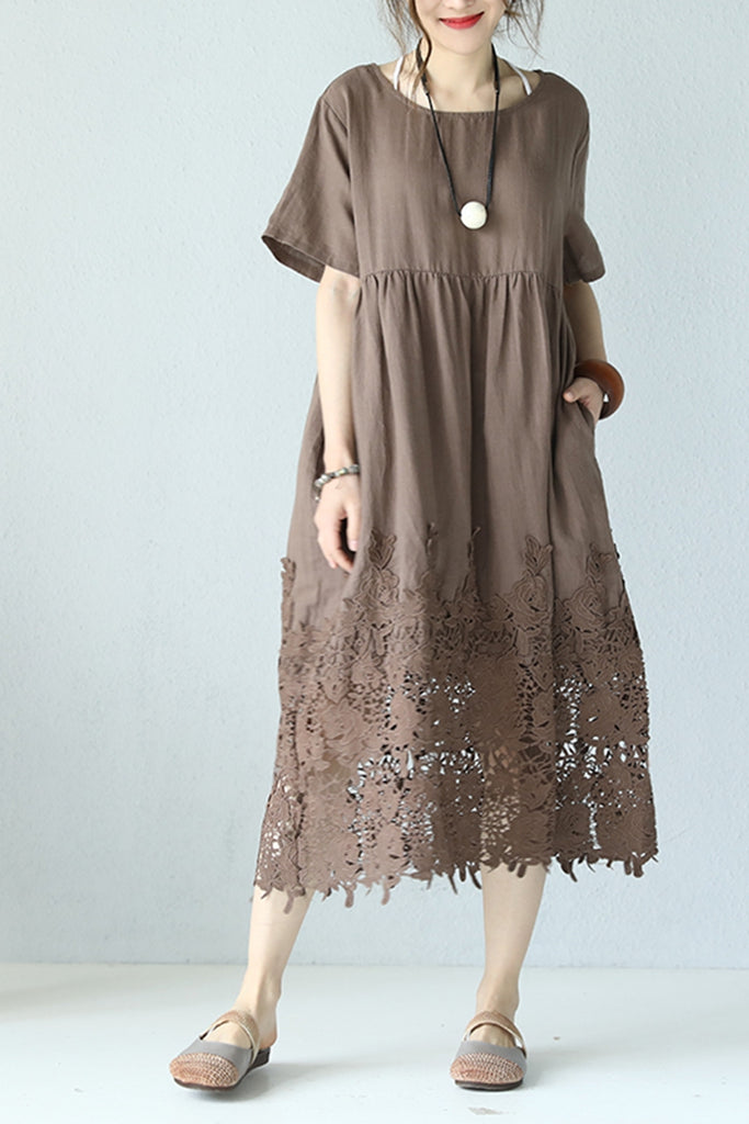 Casual Loose Fitting Round Neck Lace Linen Long Dress Q9901 Fantasylinen 0295