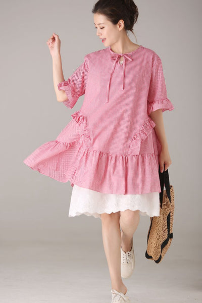 Cute Plaid Cotton Dresses Women Fashion Summer Clothes Q2360