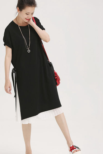 Korean Style Two Piece Black Long Dress With White Pleated Skirt Q1852