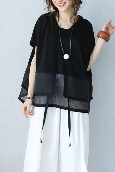 Black Quilted Contrast Mesh Hoodie T Shirt Women Blouse Q1070