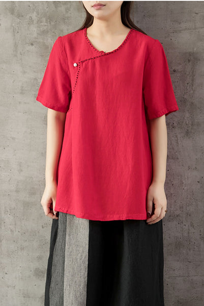 Cute Vintage Button Down Linen T Shirt Women Tops S1454