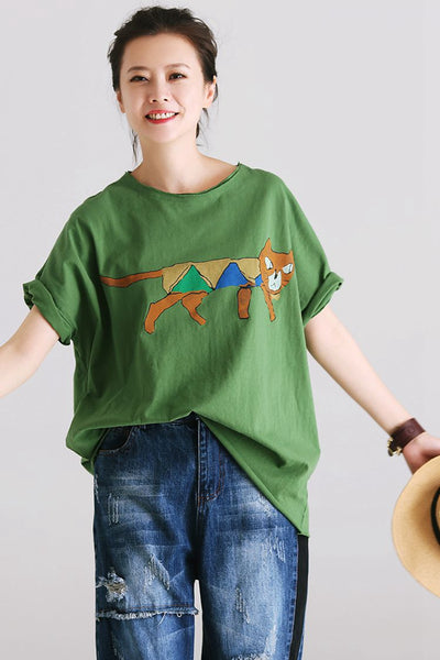 Cute Print Cotton Blouse Women Green Shirts T5111