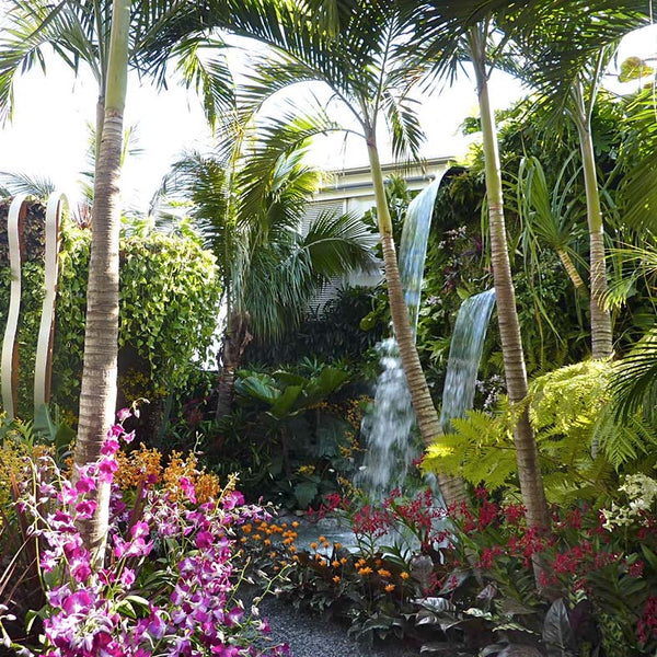 Tropical garden with waterfall at Chelsea Flower Show