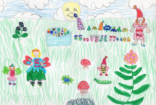 Childhood drawing of fairies and flowers