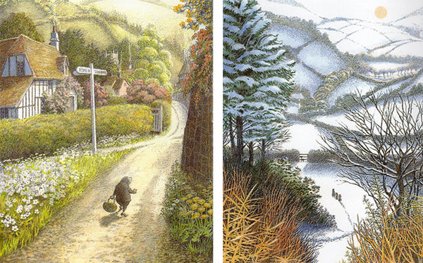 Inga Moore illustrations of Mole in sunny countryside and animals in a snowy scene