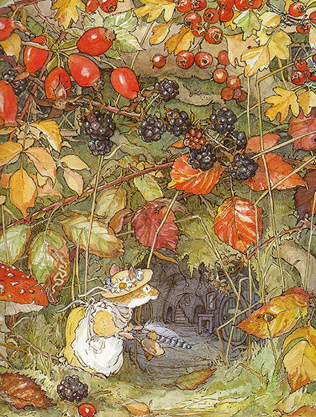 Jill Barklem illustration of mouse in Autumn scene with berries