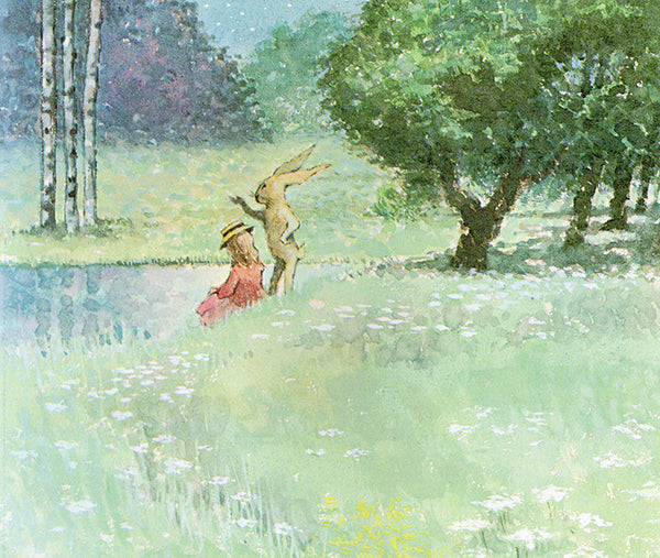 Maurice Sendak illustration of rabbit and girl sat by lake in twighlight