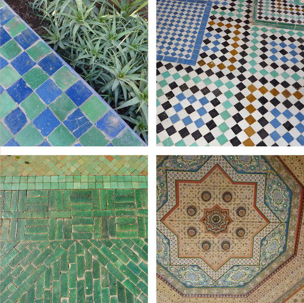 Moroccan patterned tile work in blues and greens