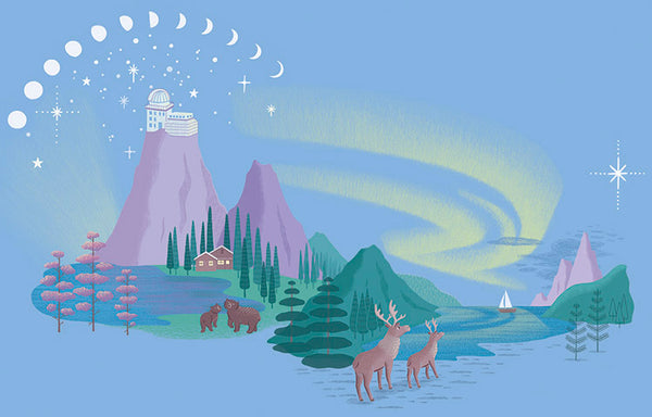 Northern Lights illustration with observatory and log cabin