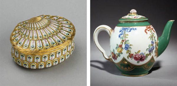Small box decorated with a peacock design and floral Rococo teapot, from the Wallace Collection