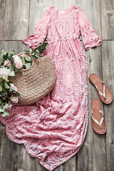 blush lace embroidered maxi shirt dress