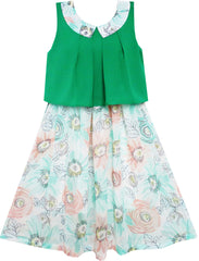 Girls Dress Turn-Down Collar Flower Chiffon Party Green Size 7-14 Years