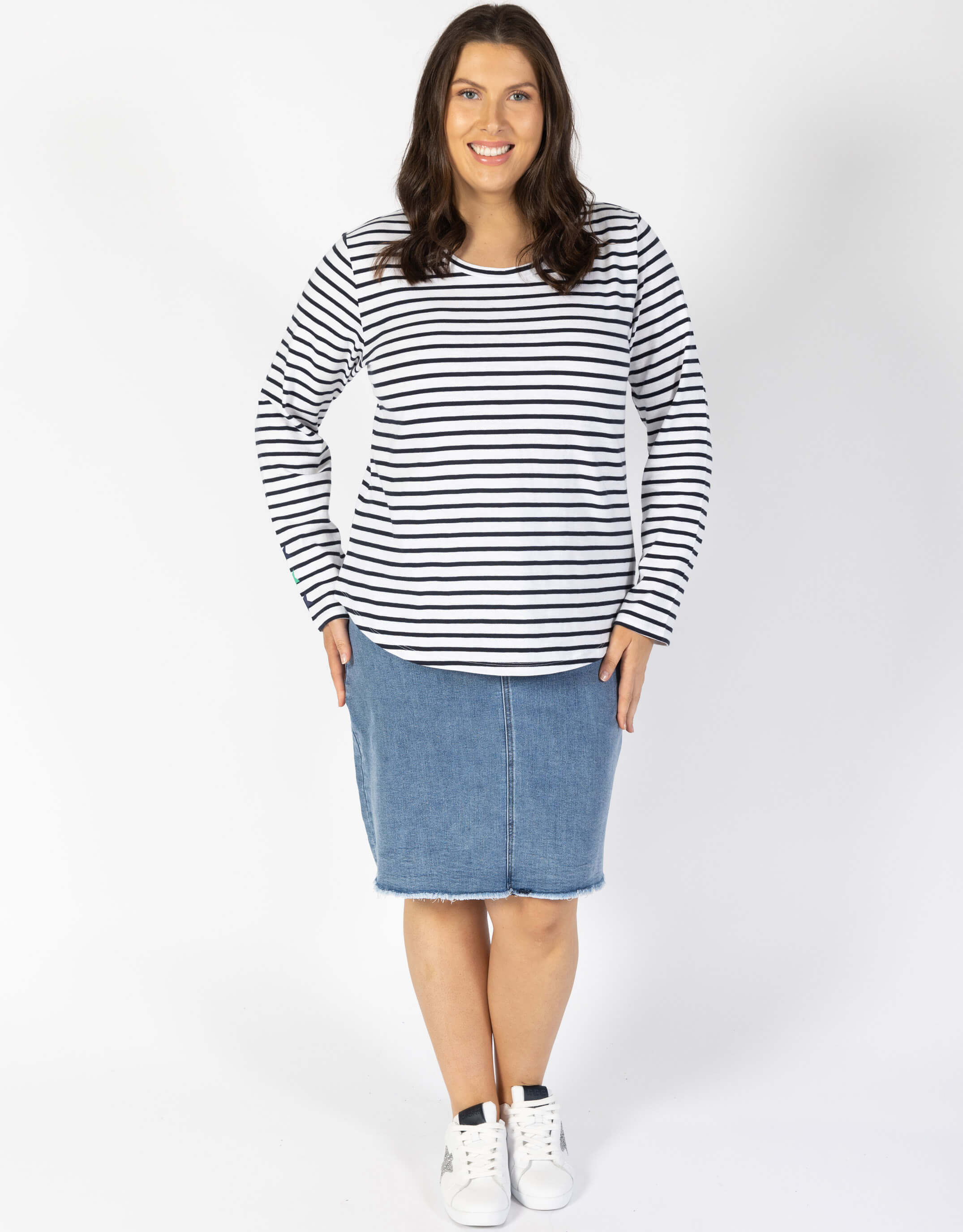 Plus Size Frenchie Long Sleeve T-Shirt - Navy/White Stripe