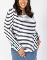 Plus Size Frenchie Long Sleeve T-Shirt - Navy/White Stripe