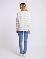 Colour Trim Stripe V Neck Sweater - Oatmeal/White/Pink Trim