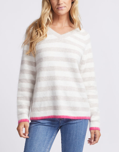 Colour Trim Stripe V Neck Sweater - Oatmeal/White/Pink Trim