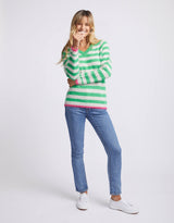 Colour Trim Stripe V Neck Sweater - Green/Oatmeal/Pink Trim