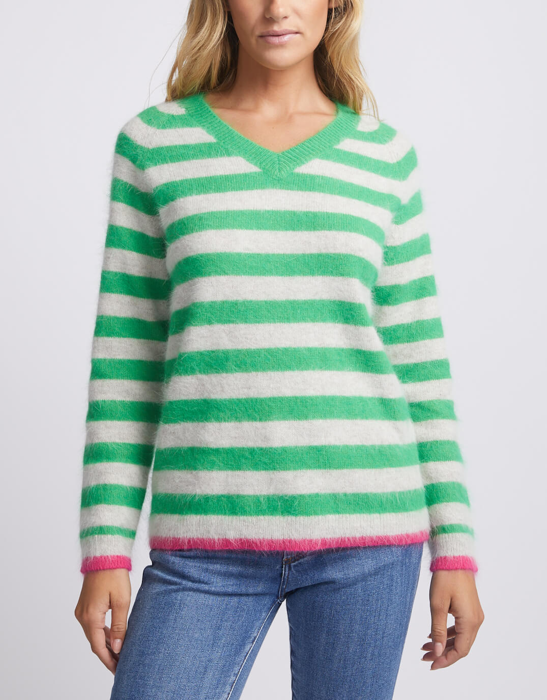 Colour Trim Stripe V Neck Sweater - Green/Oatmeal/Pink Trim