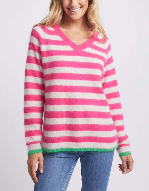 Colour Trim Stripe V Neck Sweater - Pink/Oatmeal/Green Trim